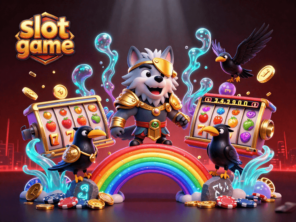Experience the excitement of slot games with vibrant fruits, jackpots, and glowing casino chips in this dynamic illustration.