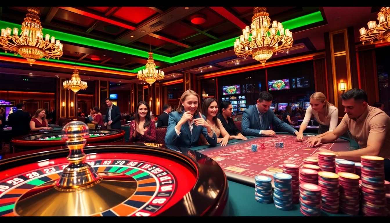 Gambling enthusiasts experiencing the thrill of OKFUN at a luxurious casino.