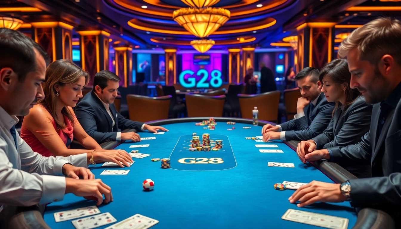 G28 branded poker table showcasing players engaged in an intense game atmosphere.