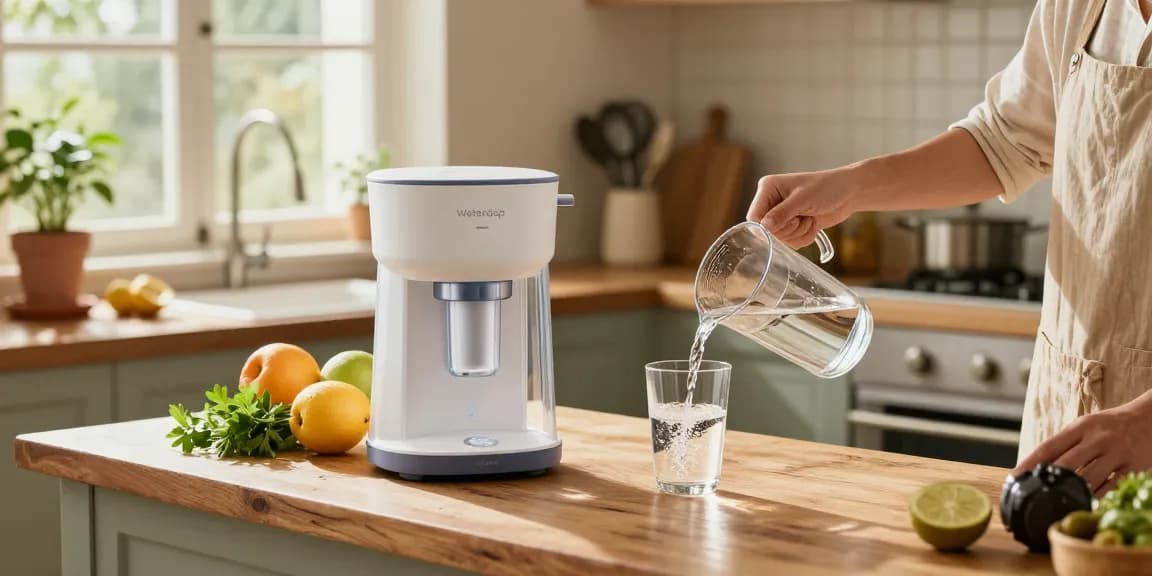Waterdrop Gravity-fed Water Filter System providing fresh filtered water in a cozy kitchen filled with healthy ingredients.