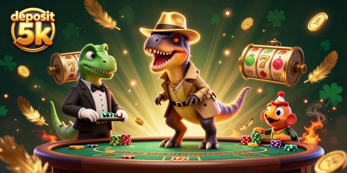 Experience thrilling action with deposit 5k as a velociraptor card counter in a vibrant casino scene.
