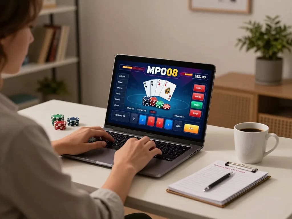 MPO08 online gaming setup displaying poker interface on a laptop, enticing players to engage