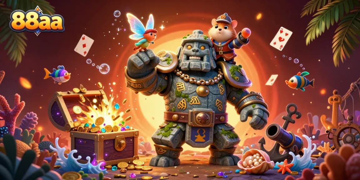 Experience the excitement of 88aa with a magical scene of a golem guardian, fairy, and hamster knight amidst vibrant casino elements.