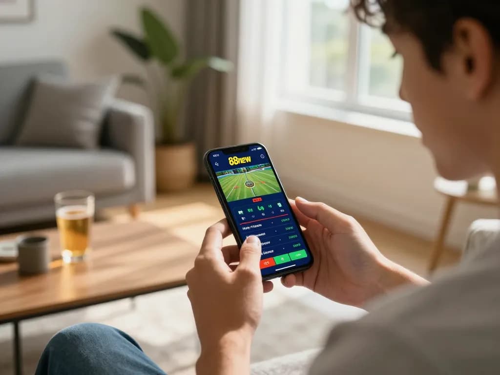 User engaging with the 88new bet app on a smartphone, showcasing modern mobile gambling strategies in a cozy environment.