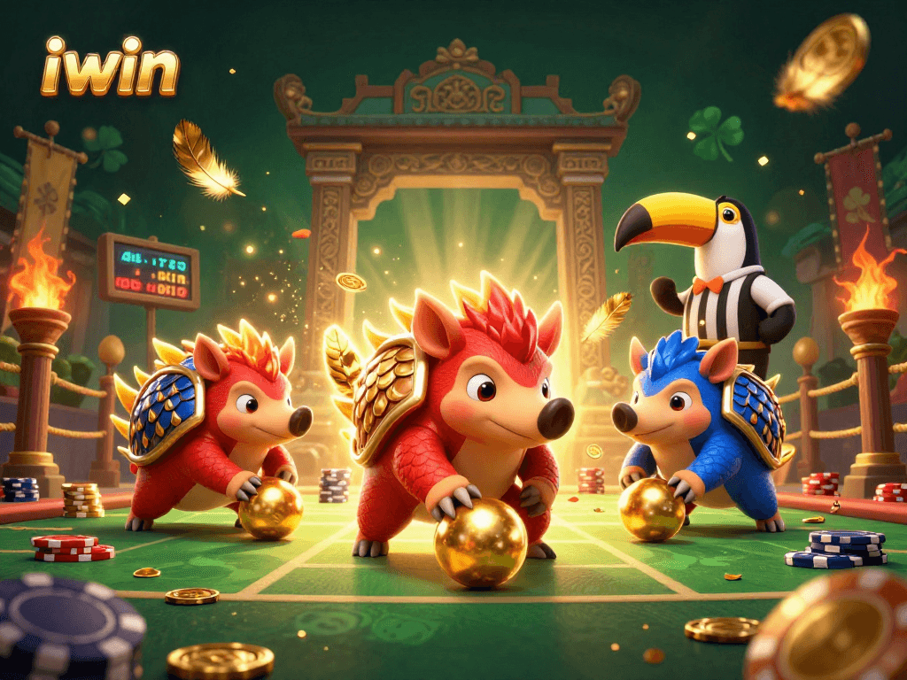 iwin pangolins compete in a vibrant casino scene filled with poker chips and dynamic game elements.