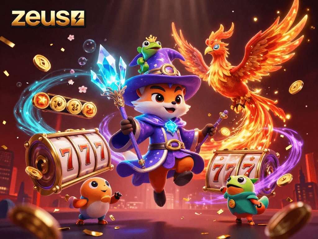 Experience zeus spinning slot reels with mystical characters and golden coins flying around.
