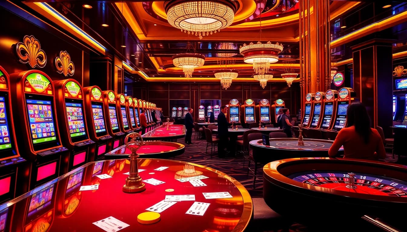 Engaging scene at a slot777 casino with players enjoying vibrant slot machines, vibrant roulette wheels, and polished poker tables.