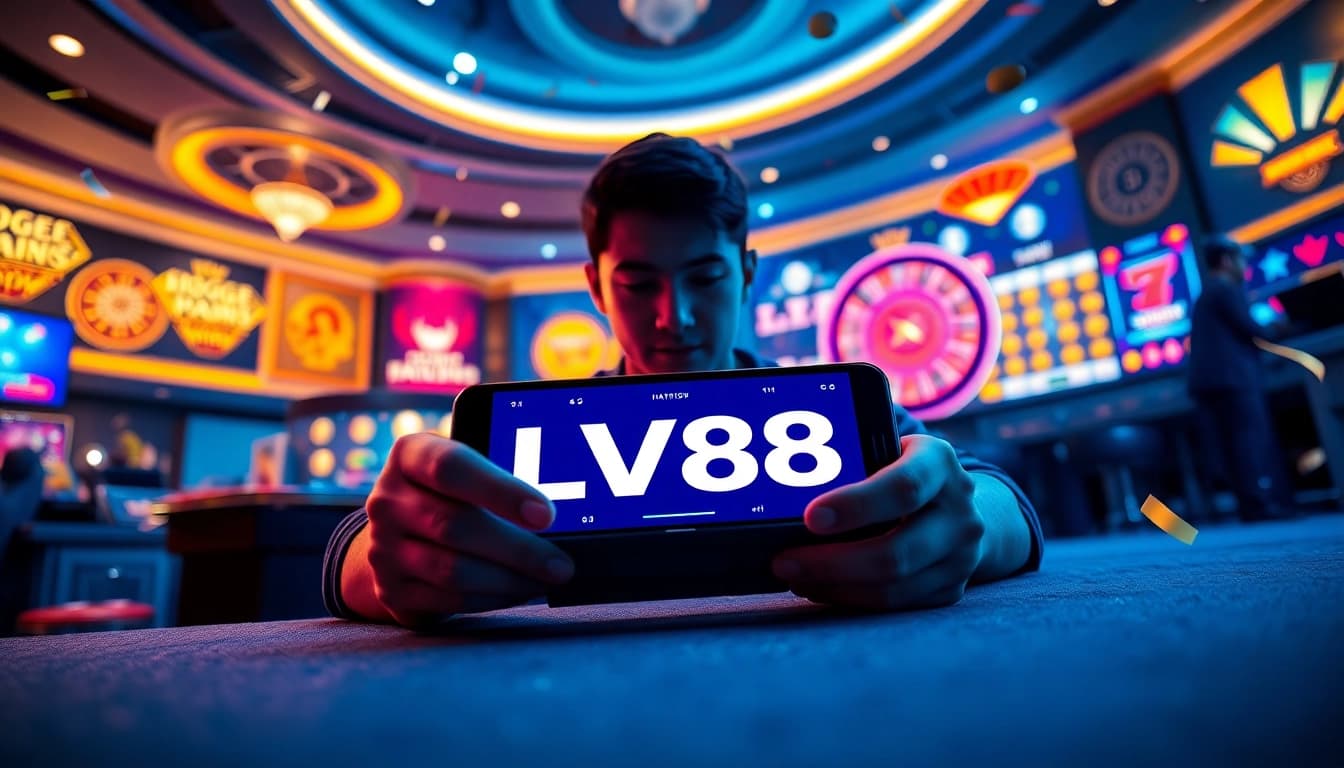 Engaged player using the LV88 online casino platform, surrounded by popular games and vibrant visuals.