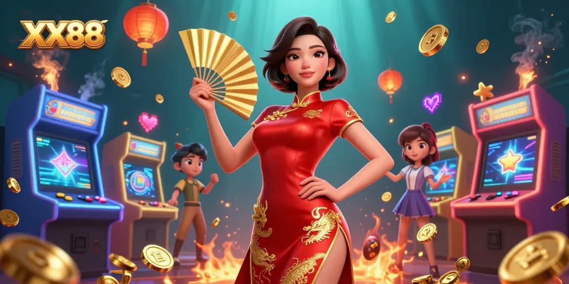 Spin the reels at XX88 with vibrant characters and casino elements in a captivating 3D illustration.