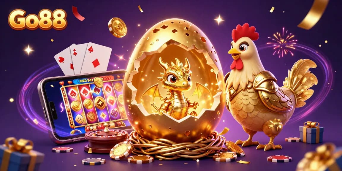 Play and win exciting jackpots at Go88 with a dazzling 3D casino-themed image revealing treasures and games.
