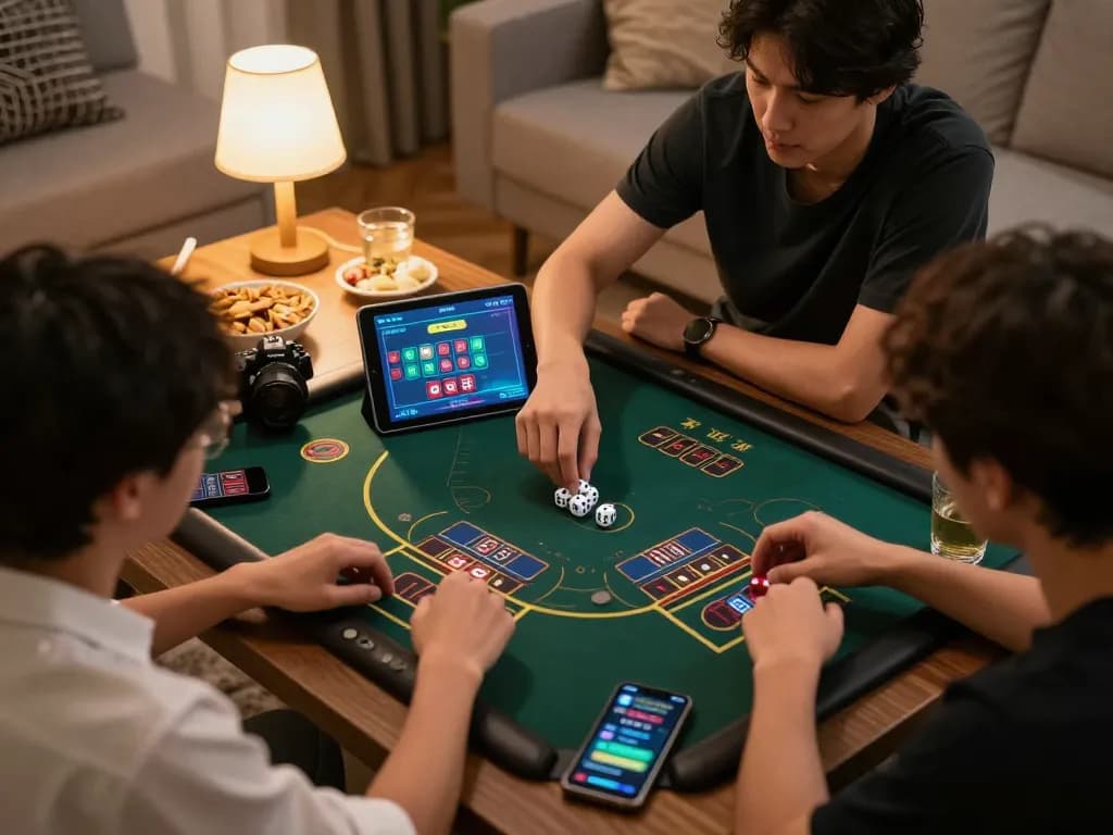 Tài xỉu online gameplay at home, player focused on tablet with betting options and dice results visible.