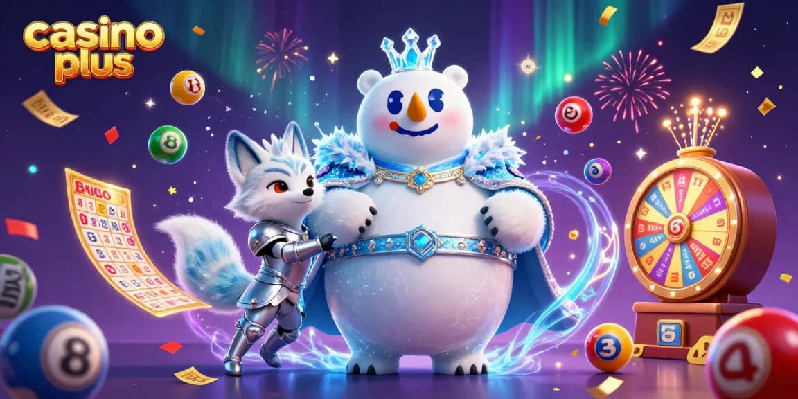 Engage with casino plus in this vibrant 3D scene showcasing a polar bear and snow fox amidst dynamic lottery elements.