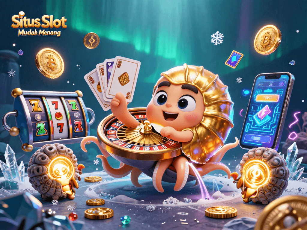 Engage with Situs Slot Mudah Menang showcasing 3D cartoon characters enjoying jackpot slots and glowing crypto coins.