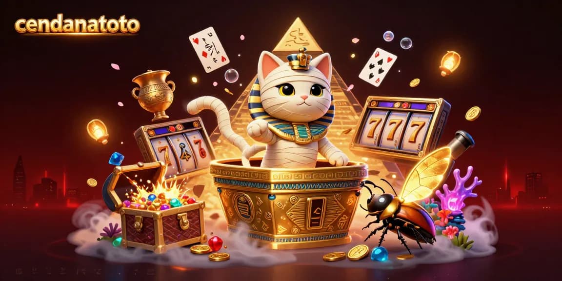 Cendanatoto showcases an Egyptian mummy cat and scarab beetle in a vibrant casino scene filled with slot game elements.