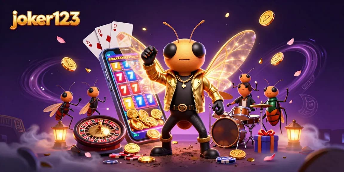Visualisasikan joker123 dengan cicada rock star dan elemen kasino dalam ilustrasi 3D yang memukau.