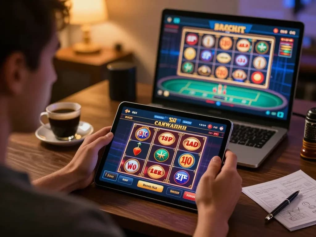 Engaging online gaming moment at bästa casino utan svensk licens featuring player strategizing with tablet.