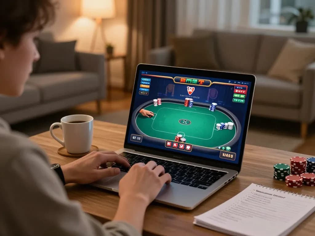 uu88 player engaged in online poker, strategic gameplay in a cozy home setting