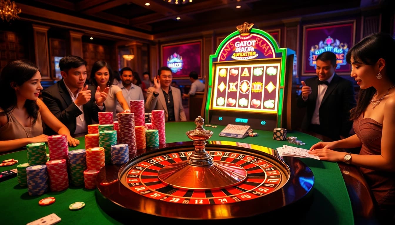 Betting excitement at the Gates of Gatot Kaca Super Scatter slot machine in a luxurious casino.