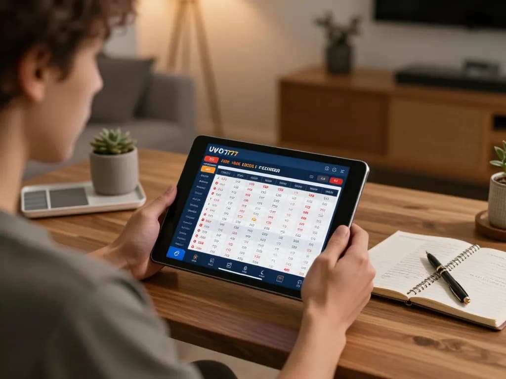 Engaging user analyzes real-time lottery data from UFO777 on a tablet in a stylish home office.