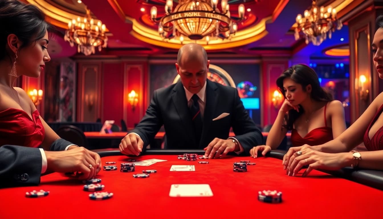 Betting excitement at E2BET with poker chips and cards on a luxurious casino table.