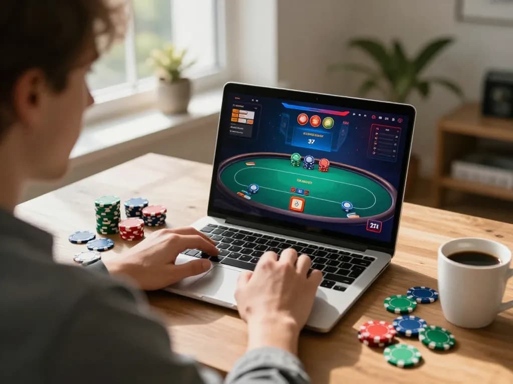 Engaged player using 99Win for online poker in a cozy home setup with strategy notes.