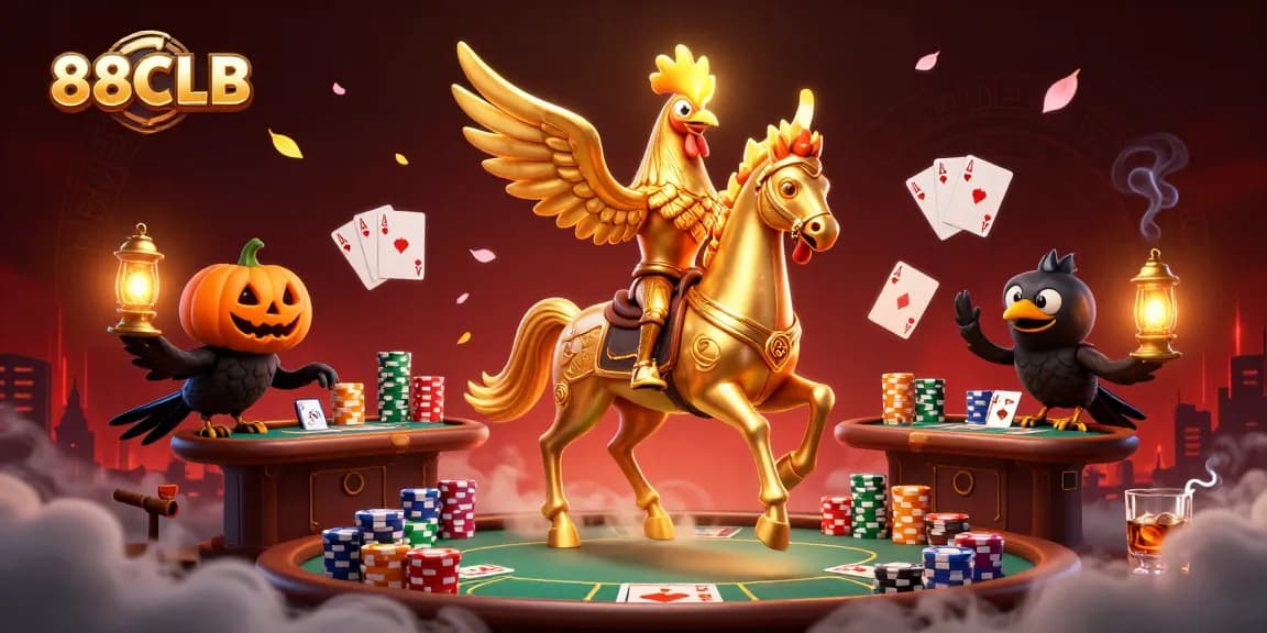 Engage in exciting online games at 88CLB featuring a golden rooster in a dynamic casino setting.