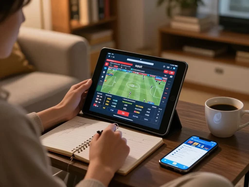 Betting on sports with Bsport app on tablet while reviewing strategy notes in a cozy home.