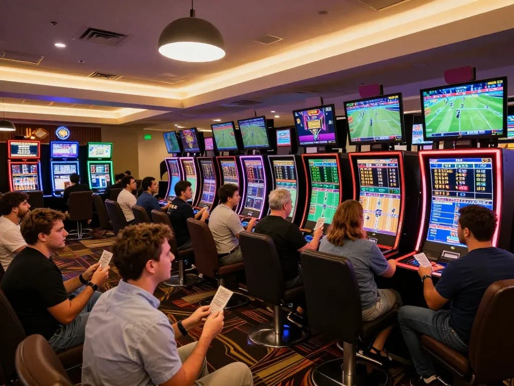 Engaged bettors strategizing on mb66 sports betting at a modern casino venue