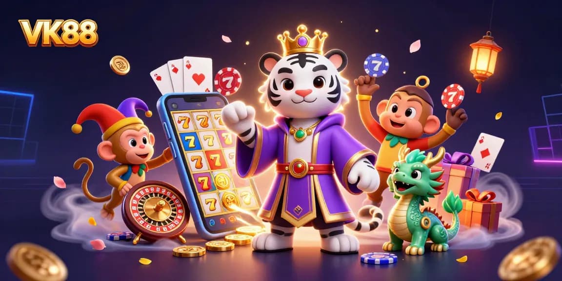 Experience thrilling gameplay with VK88 in a vibrant illustrated casino scene.