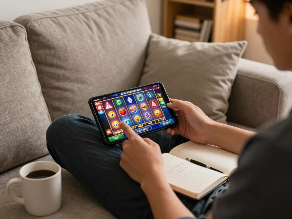 Engaging in kdslot mobile gaming from cozy living room, vibrant screen with spinning reels.
