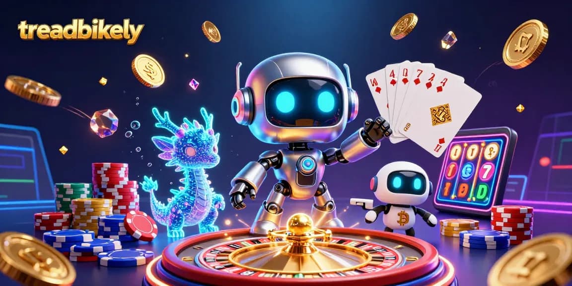 Engage in the exciting world of treadbikely with vibrant 3D casino action featuring robots and poker elements.