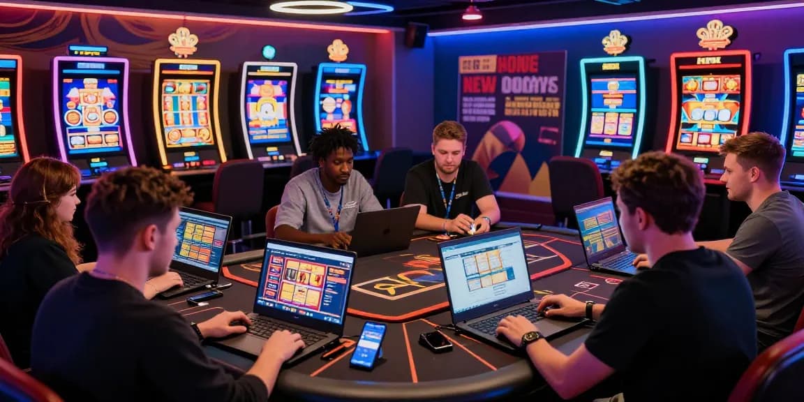 Players enjoying thrilling experiences at new online casinos in an energetic gaming lounge.