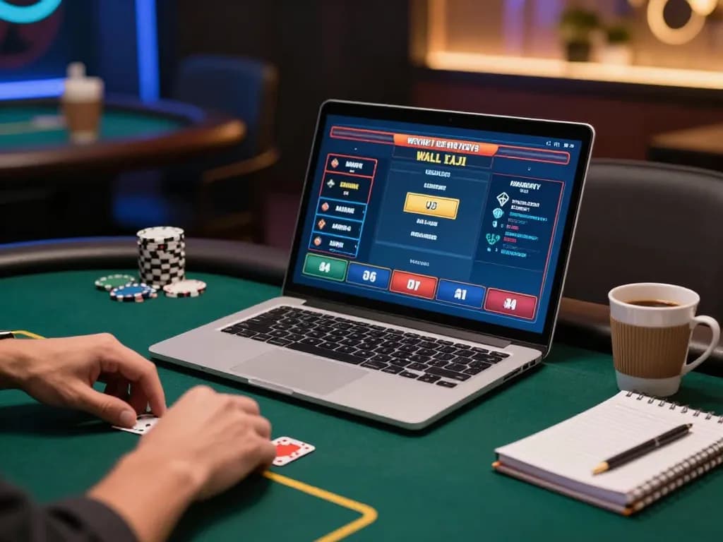 Engaged player strategizing on https://tr88k.com/ poker game with laptop and notes.