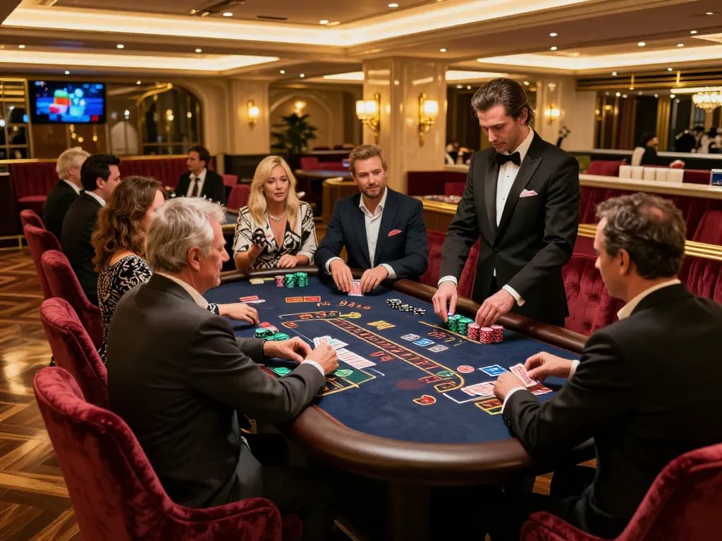 32win players enjoying exciting gameplay at a luxurious blackjack table in an upscale casino.