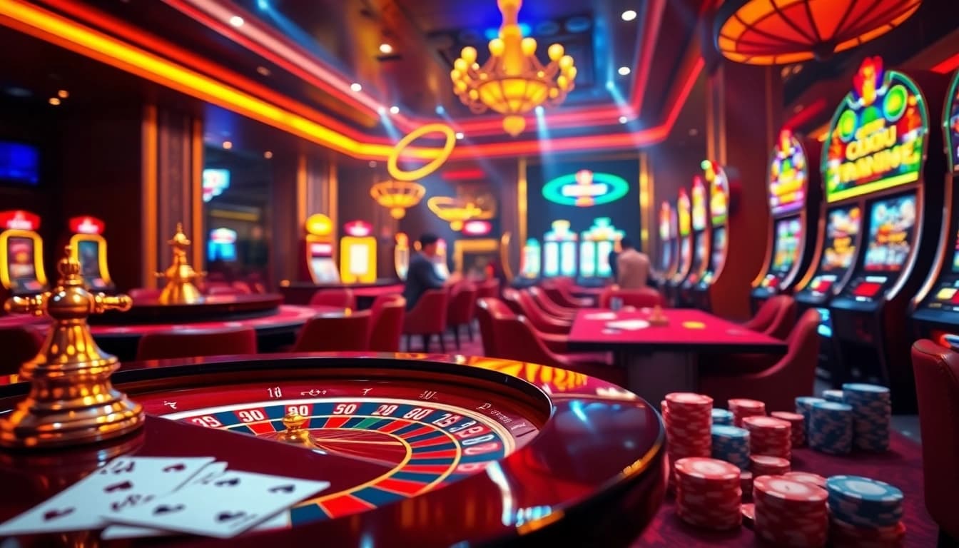 Xổ số hôm nay showcased in an exciting casino scene with vibrant tables and players.