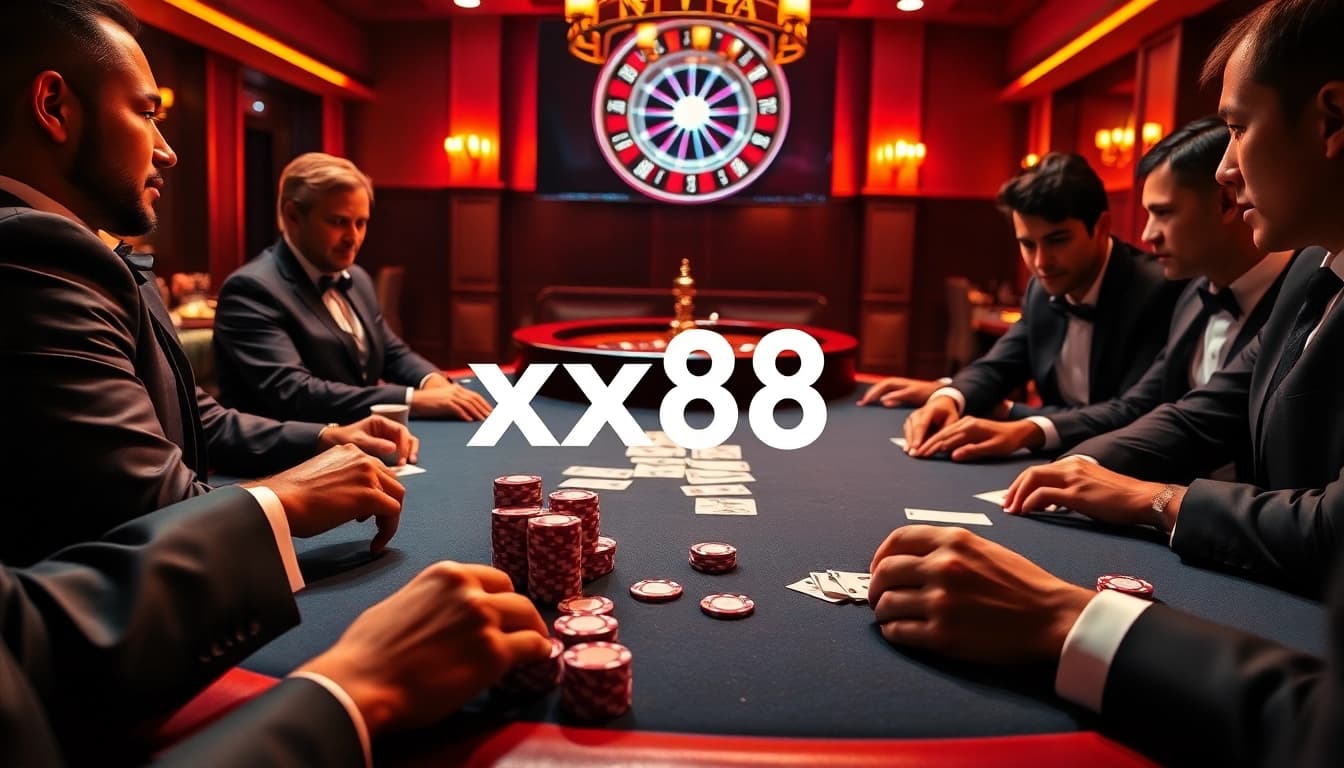 Exciting poker game at xx88 casino showcasing vibrant chips and dealer