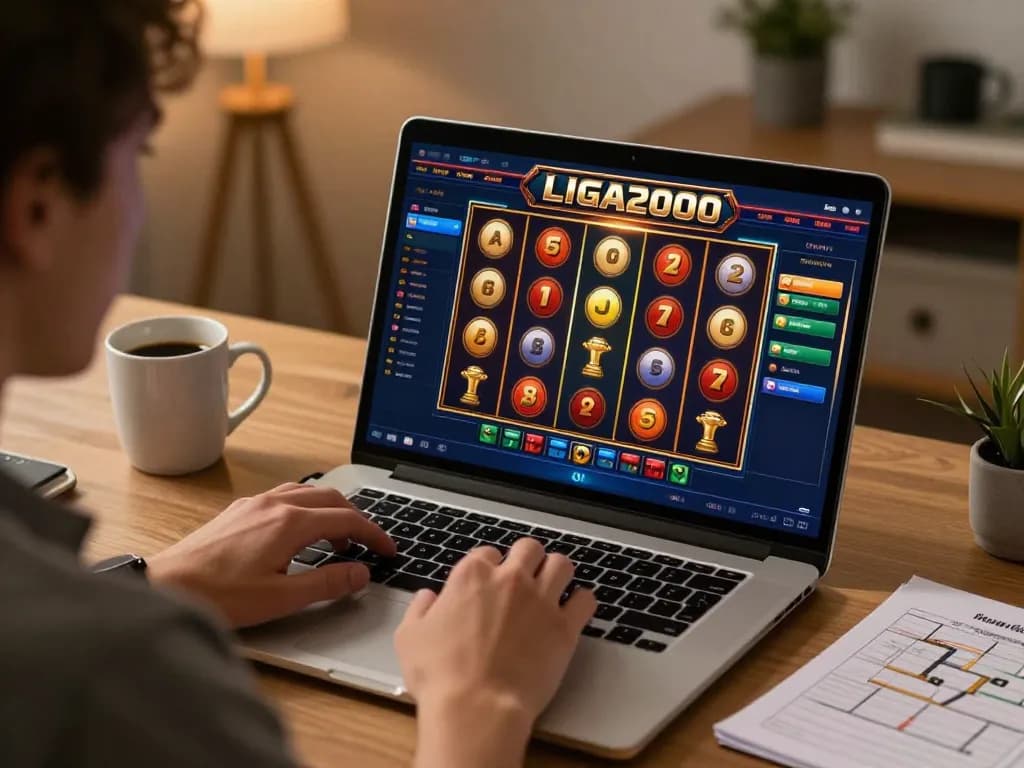 LIGA2000 player engaging with online slots during a cozy home gaming session.
