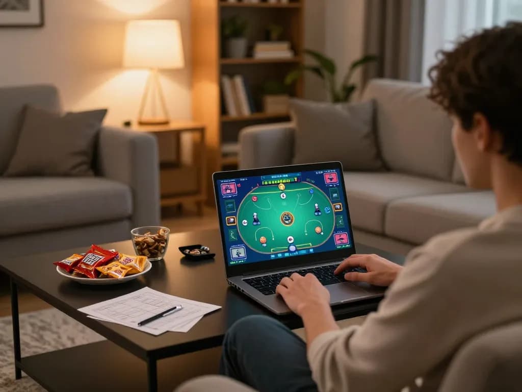 Engaged in online poker with 789BET, showcasing a modern gaming setup and cozy atmosphere.