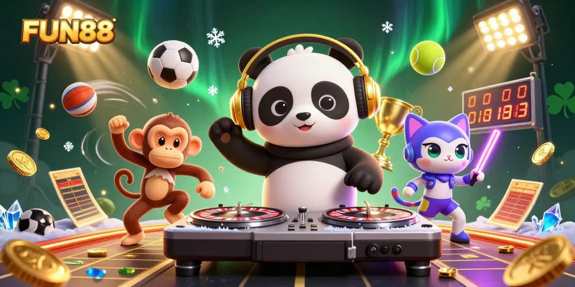 Experience FUN88 with exciting 3D characters enjoying dynamic gambling action surrounded by colorful gaming elements.