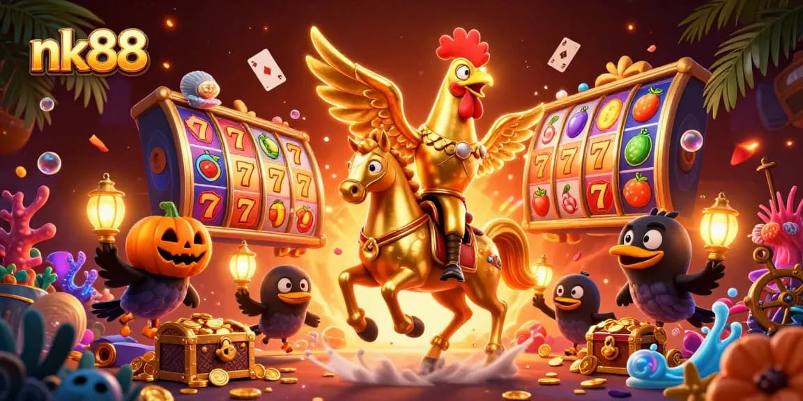 Join the excitement at nk88 with a golden rooster explorer amidst glowing treasures and slot reels.