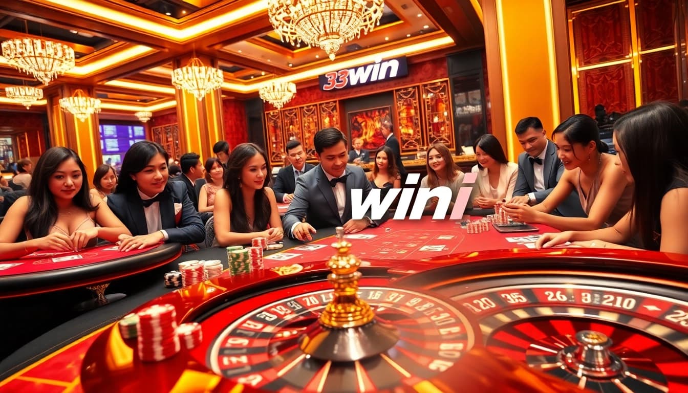 33win players indulging in thrilling casino games in a luxurious setting filled with action.