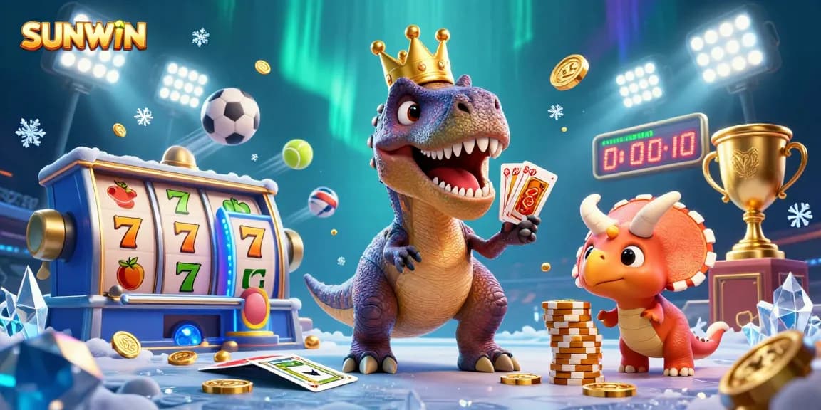 SUNWIN players enjoying a visually exciting 3D casino scene with characters shuffling cards and stacking chips.