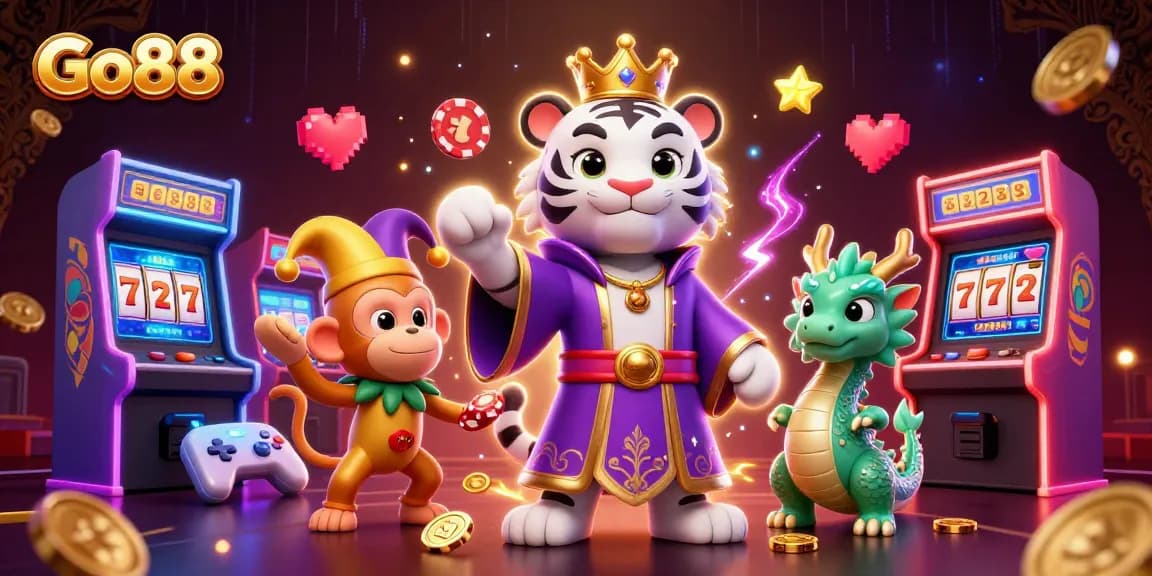 Engage with Go88's vibrant gaming world featuring a royal tiger, jester monkey, and enthralling game elements.