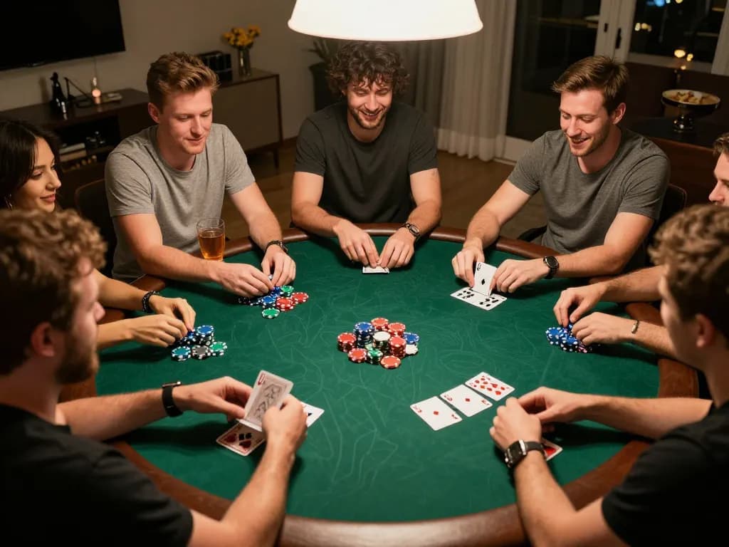 TX88 poker night scene with friends playing cards, colorful chips visible, exciting home atmosphere.