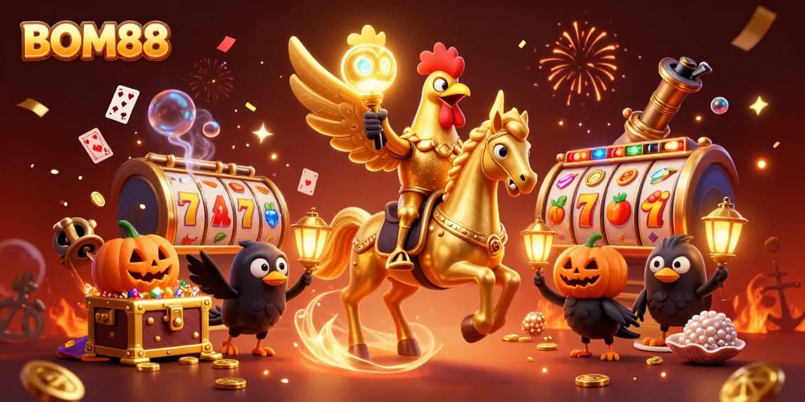 BOM88 showcases thrilling casino fun with a golden rooster, treasure, and vibrant gaming elements in a stunning 3D scene.
