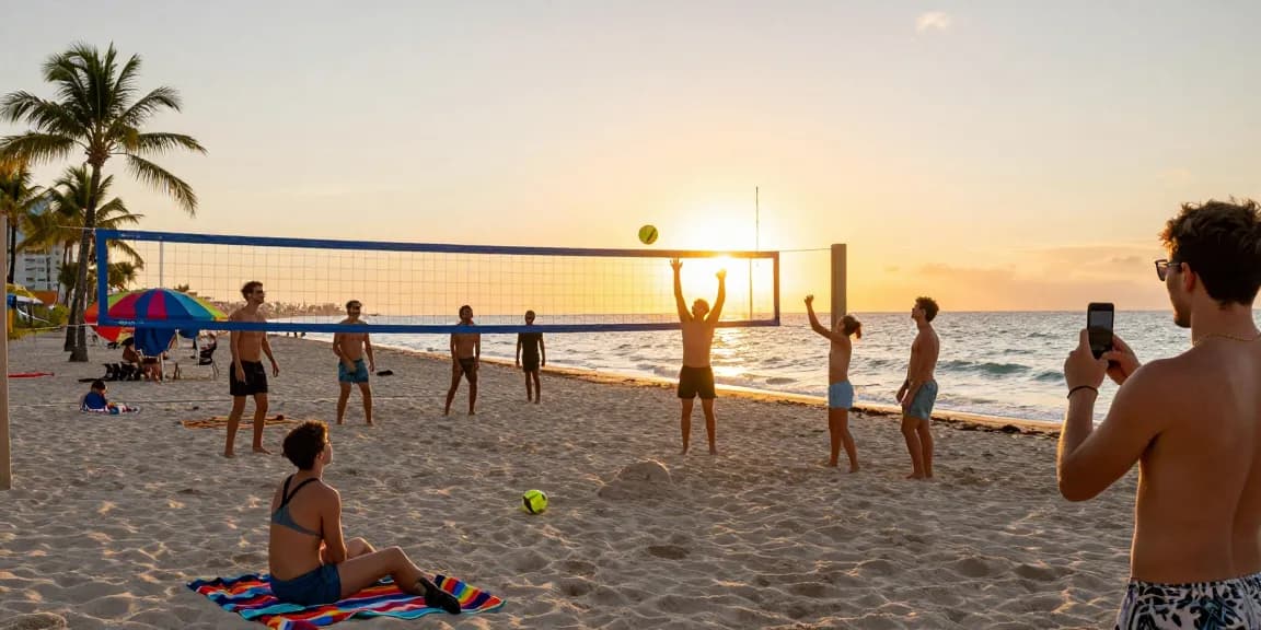 Teman-teman bersenang-senang di pantai Miami, voli pasir saat matahari terbenam di https://miami4d.com/.