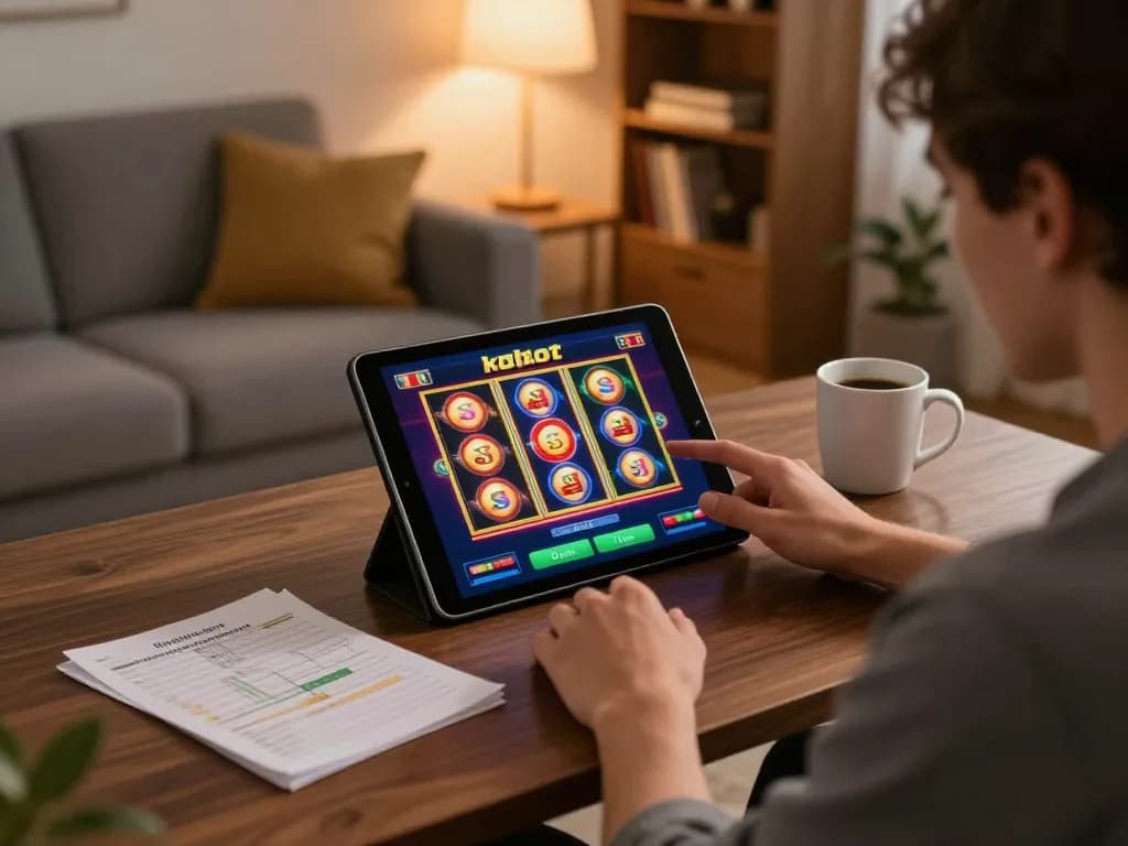 Player engaging with the kdslot app on a tablet in a cozy home setting, showcasing online casino gaming.