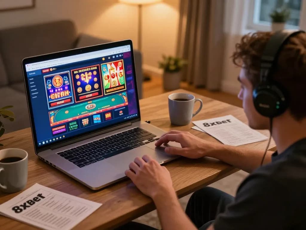 Player engaged in online gaming on 8xbet platform, showcasing vibrant slot machines and poker games