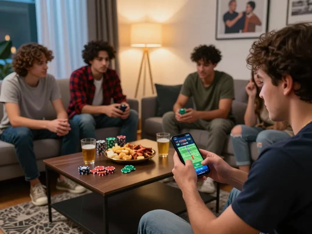 Engaged player using vsbet for live sports betting on smartphone in a lively social setting.