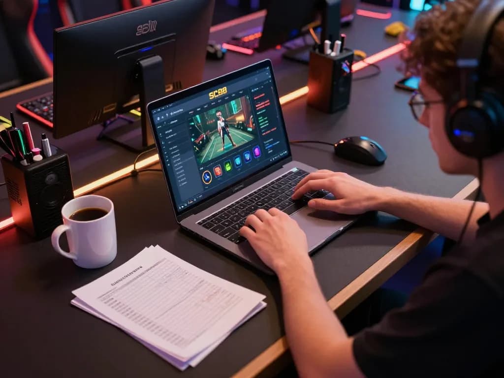 Engaged player using laptop for SC88 online gaming strategy